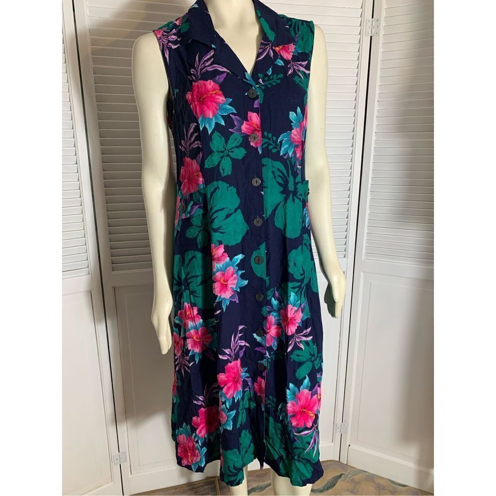 Vintage Erika Button Down Dress Cut Out Sleeveless Collar Pink Blue